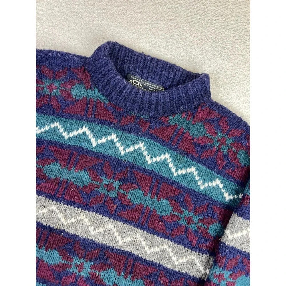 Native American Blue Wool Sweater Winter Warm Knit Fair Isle Ecuador
